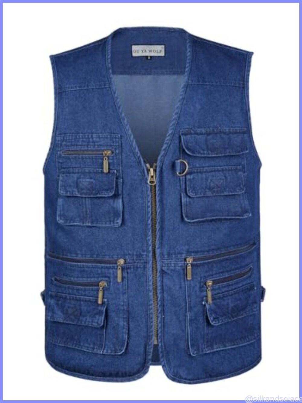 Men's Utility Multi-Pocket Denim Vest Zip Closure Sleeveless Cotton Work Vest
